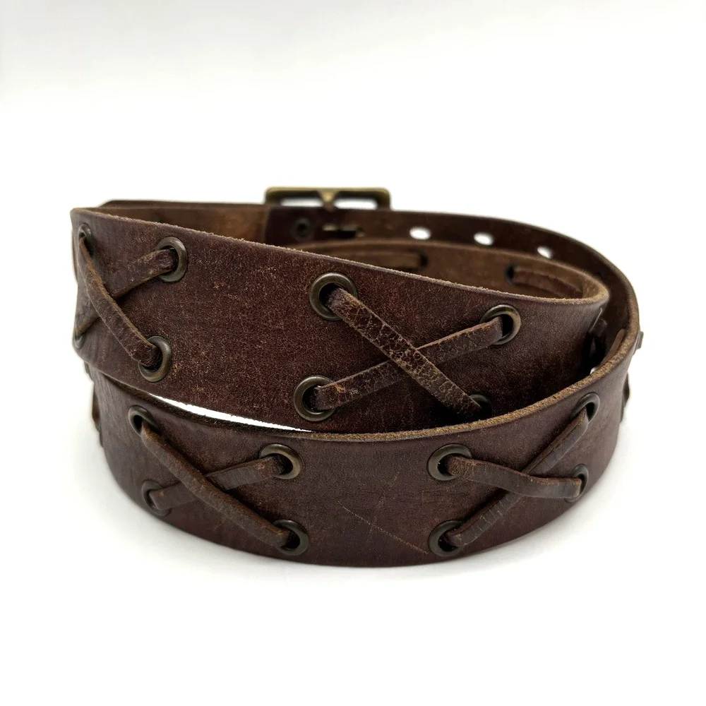 Vintage Y2K American Eagle Brown Leather X-laced Double Prong Belt M 32-36